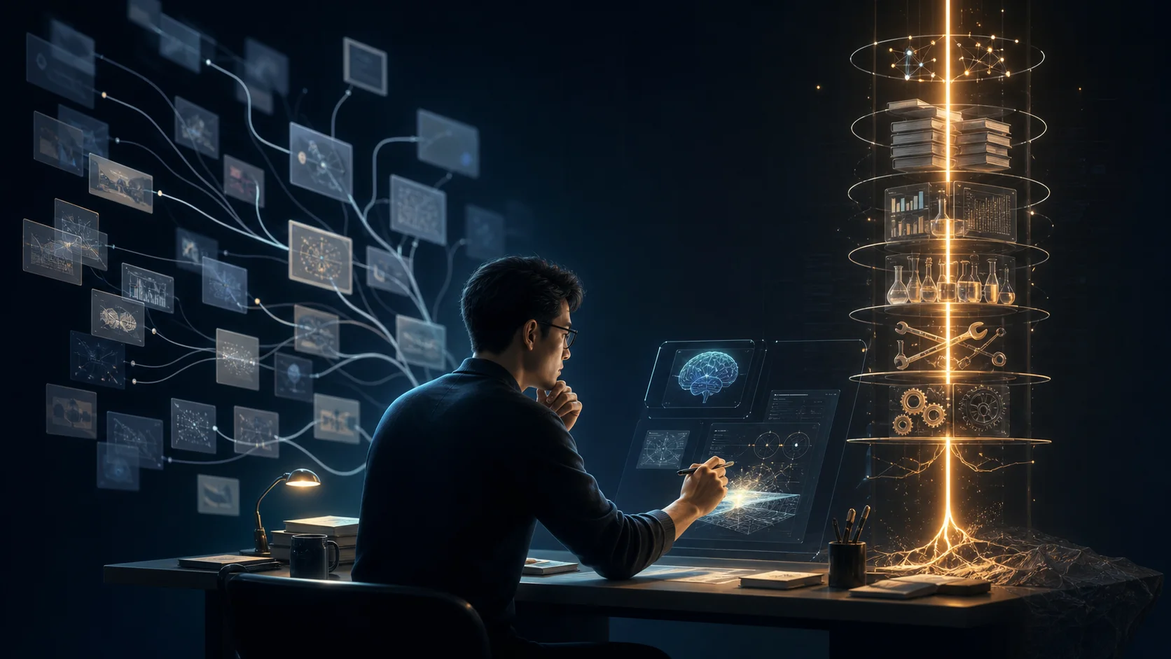 人类专家借助 AI 在广泛任务与深度知识之间作出判断的原创示意图