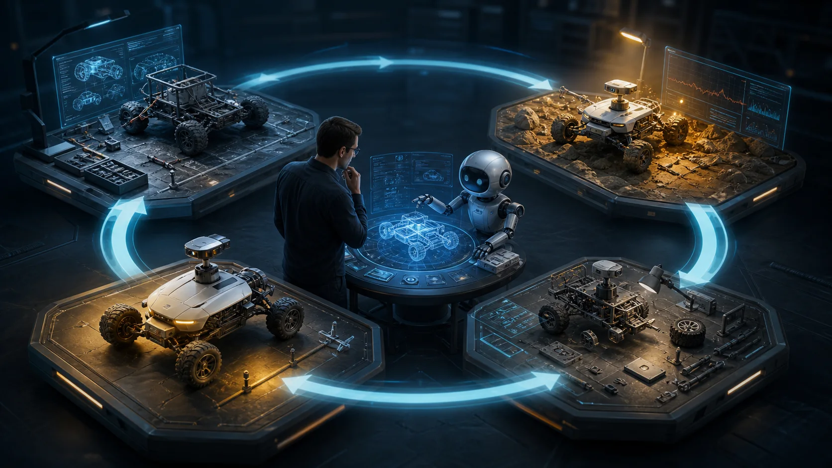 人与 AI 围绕原型进行设计、测试、诊断和改进循环的原创示意图